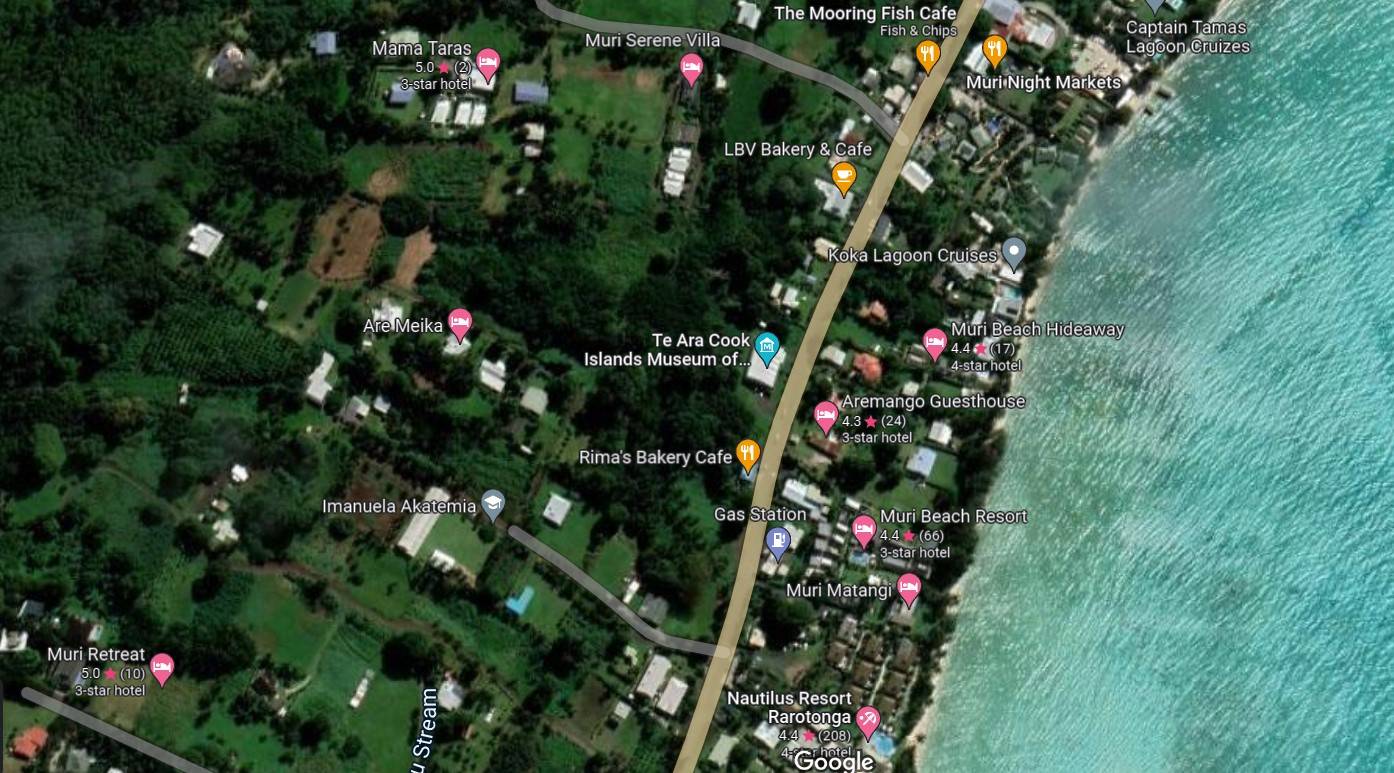 Map showing Muri Retreat close to Muri Village and Lagoon